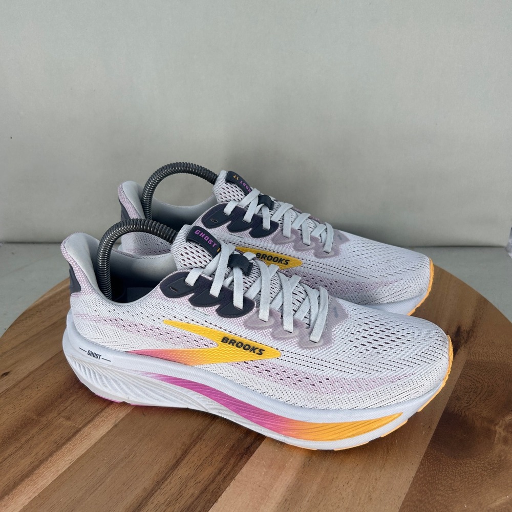 Brooks Ghost 17 Womens Running Shoes White Pink Yellow 1204311B070 Size 9 B